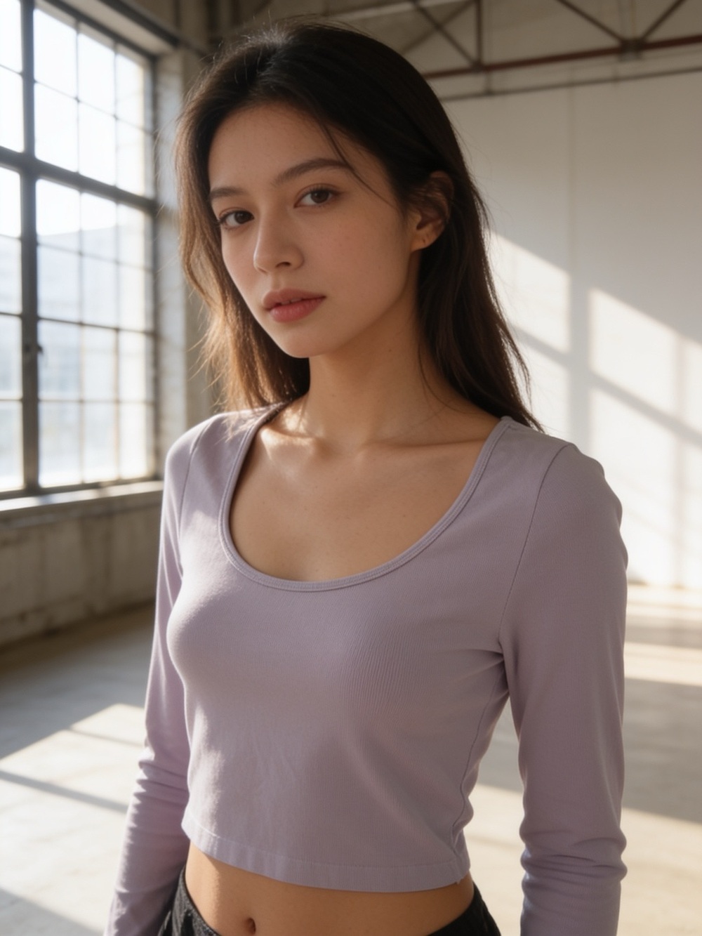 Women's Scoop Neck Long Sleeve Crop Top - Grey
